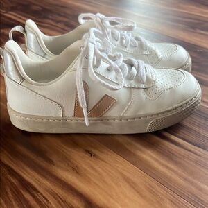 Veja Kids White Sneakers with Tan V Logo